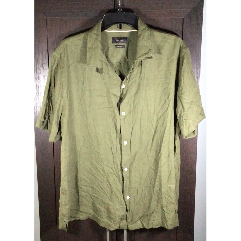 Porter & Ash Mens Large Olive Green Linen Blend Short Sleeve Button Down Shirt